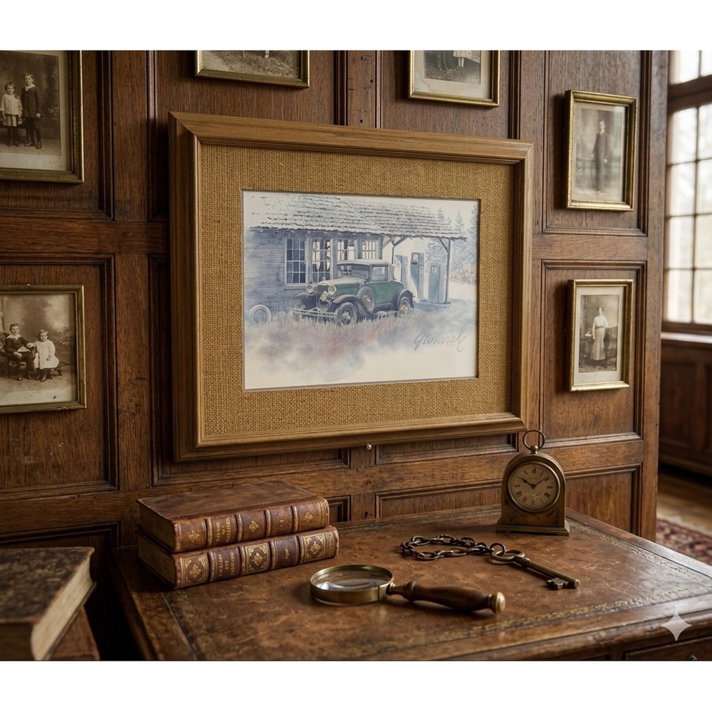 Vintage Giovenale 1979 Ford Model A Watercolor Print Oak Frame Burlap Mat